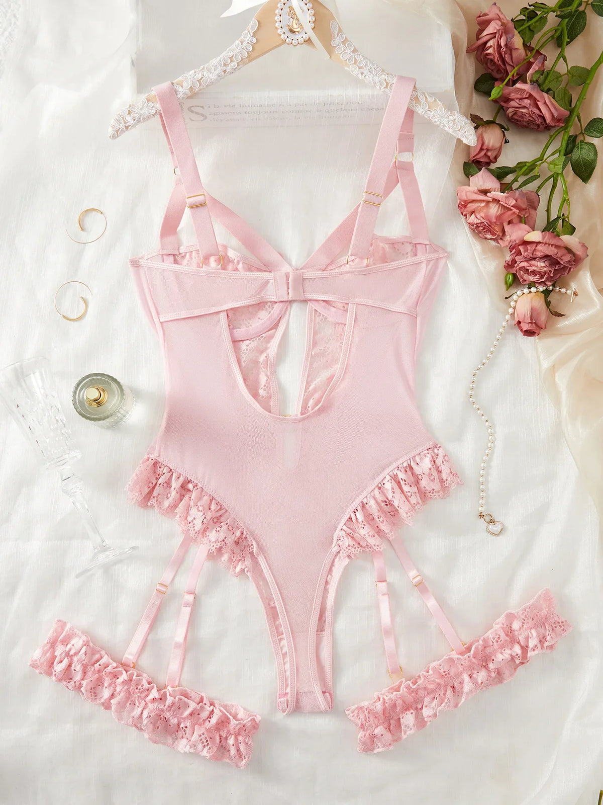 Floral Lace Garter Lingerie Set With Choker Women Intimates 2025 Underwire Bra And Thongs Ladies Underwear Set