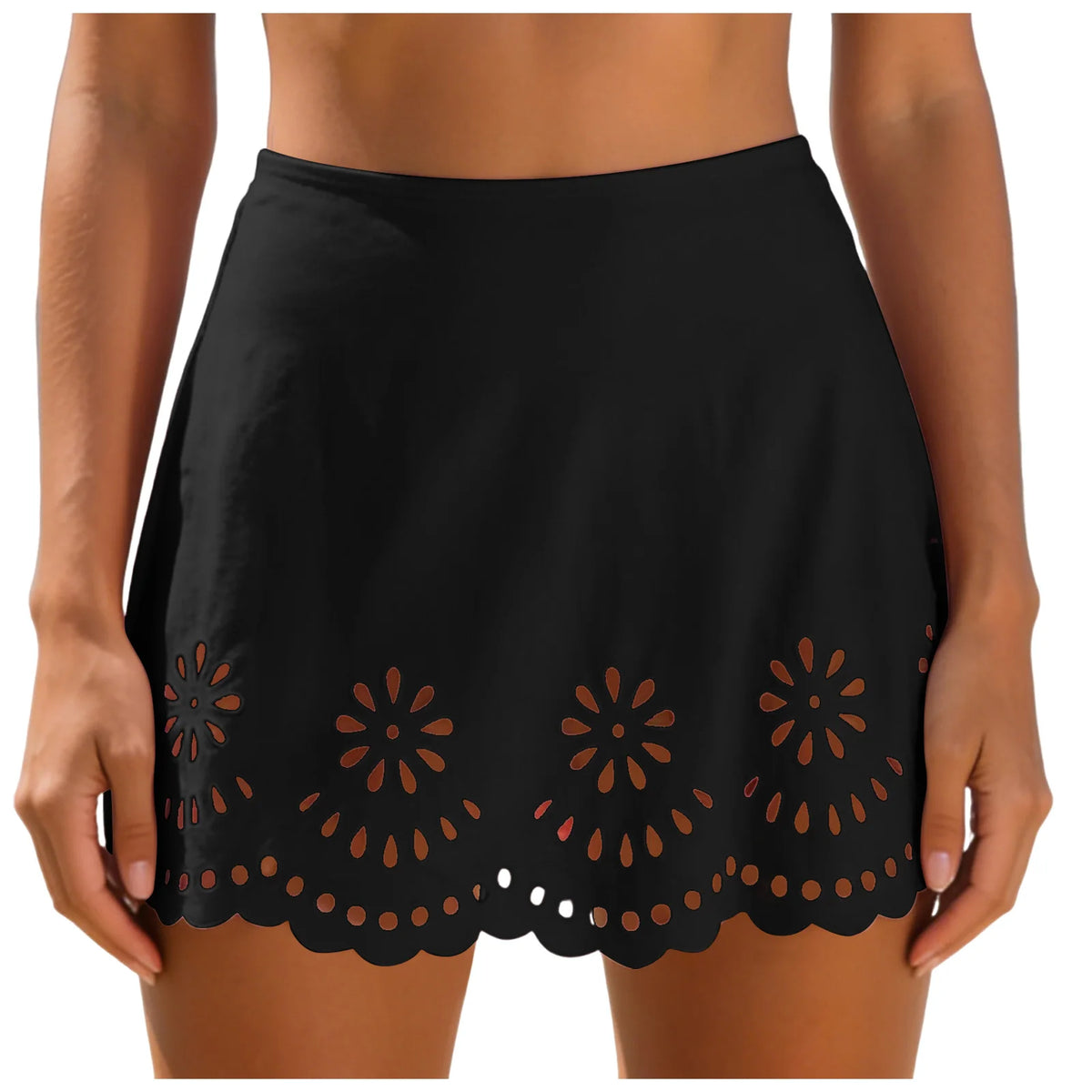 Women Solid High Waist Swim Skirts Hollow Out Floral Cutout Scalloped Hem A Line Bikini Cover Up Skirt Vacation Pool Beachwear