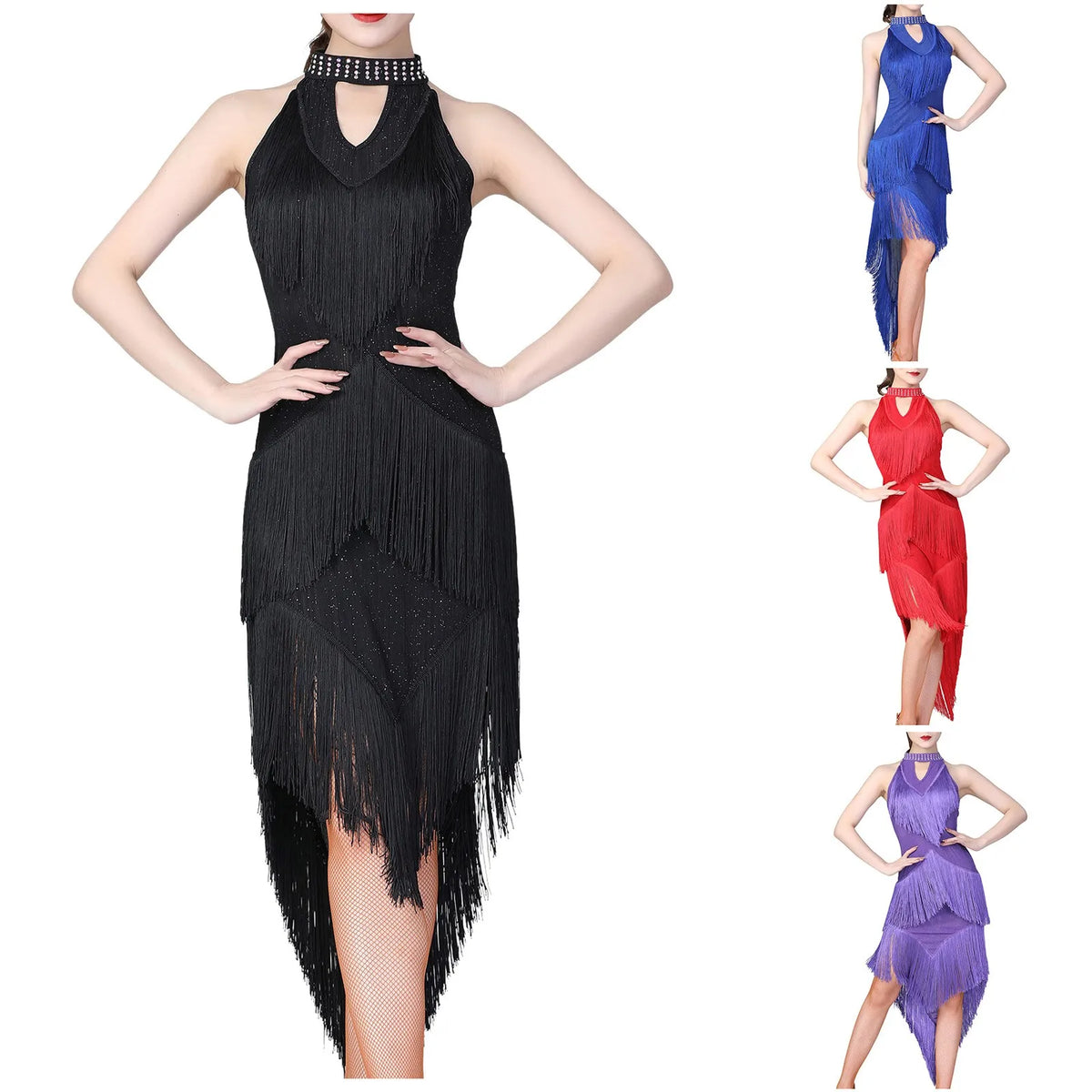 Women's Sparkling Sequin Carnival Irregular Tassel Dress Latin Dance Stage Costume Squins Fringe Tassel Sexy Bodycon Party Dress
