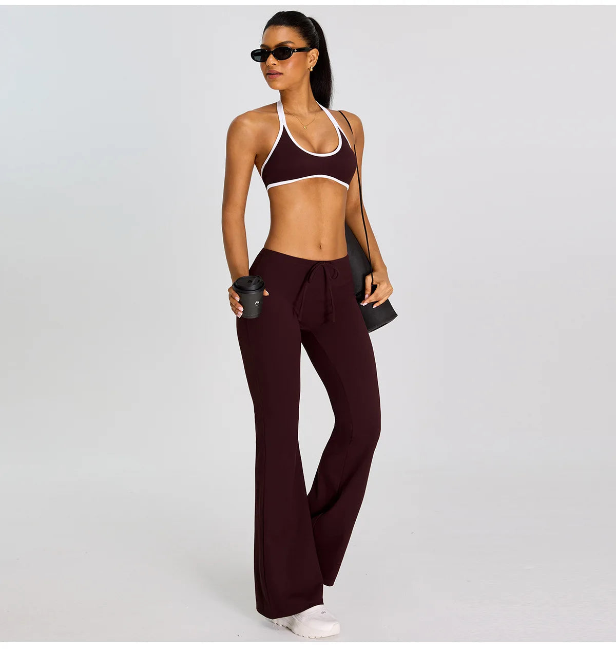 Breathable Yoga Suit for Women Color Contrast Shockproof Sports Bra Drawstring High Waist Pants Gym Running Fitness Suits