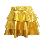 Women's Gold Metallic Tiered Mini Skirt Elastic High Waist Shiny Pu Ruffle Hem Party Skirts Dance Performance Festival Outfits