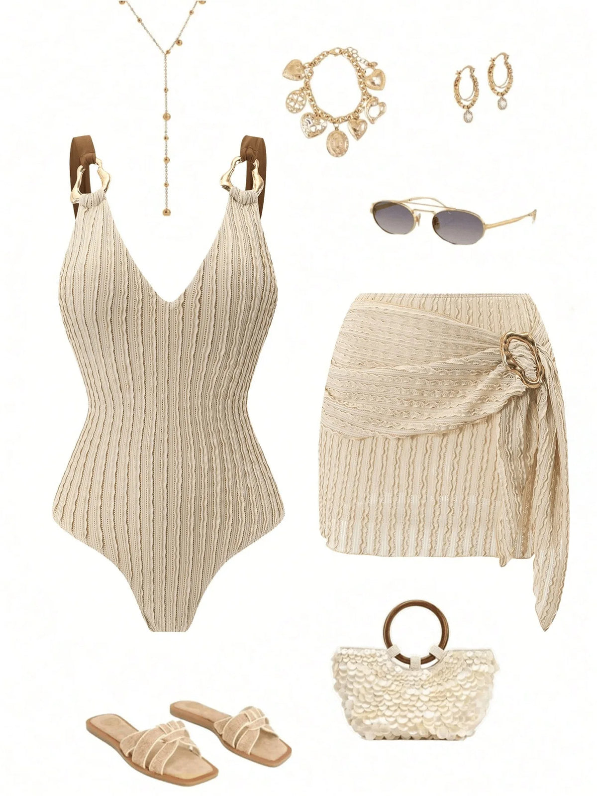 Vintage Beige Ribbed Swimwear Skirt Set Women Metal Buckle Strap V Neck Hollow Out Backless Bathing Suit One Piece Swimsuit 2026