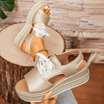 Plus Size Lace Up Chunky Platform Sandals Women 2026 Summer Peep Toe Wedges Sandals Woman Rivets Thick Bottom Gold Sandalias