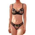 3/4 cup gathered satin lace lingerie set - red rose embroidered netting sheer women's bra and panties set ZA82403