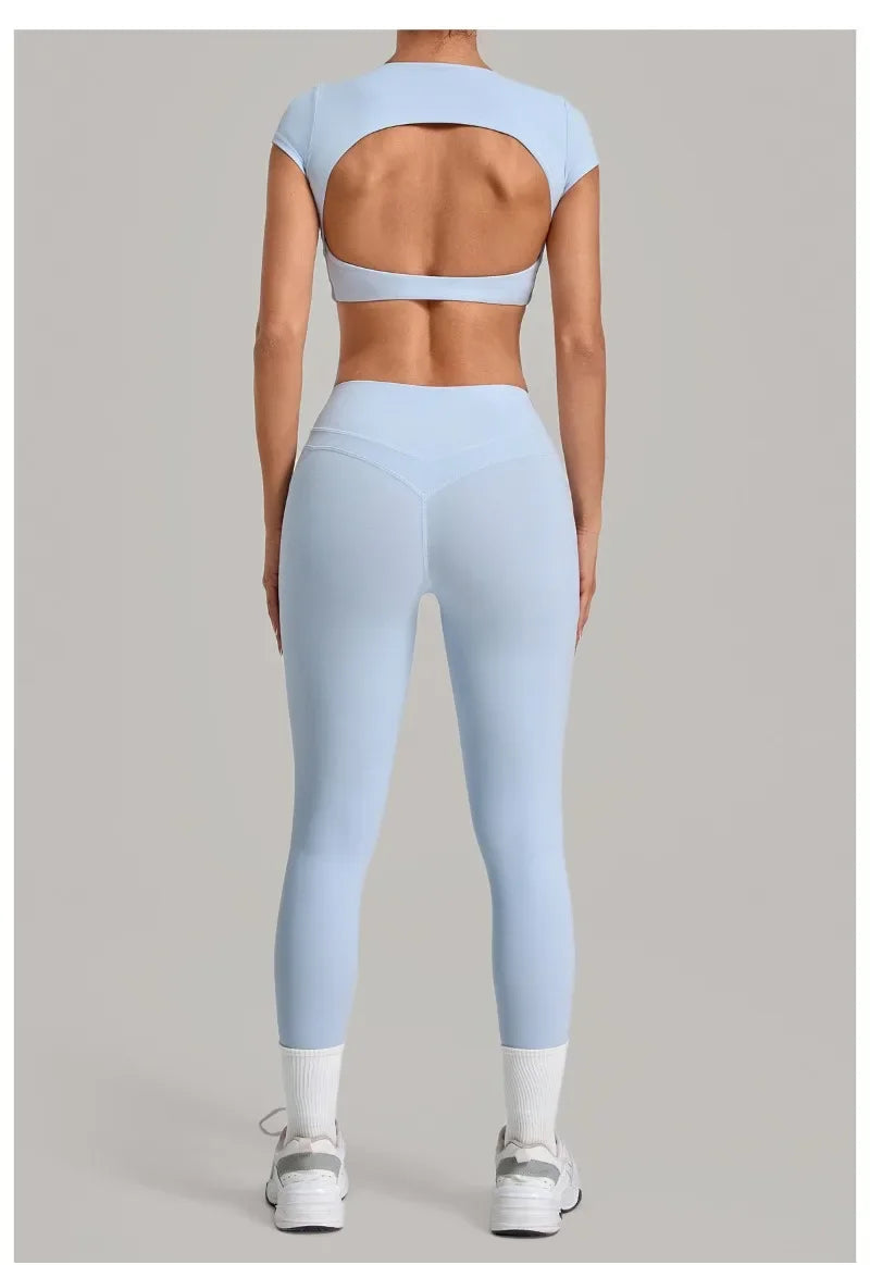 Women's Seamless Yoga Sets Sports Running High Waist Hip-lifting Pants Backless Short-sleeve Suits Workout Fitness Leggings Sets