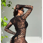 Women Sheer Mesh Long Sleeve Beach Cover Up, Sexy See-Through Fishnet Dress, Solid BodyconFor Summer Beach Party