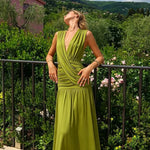 FDYOUI Womens Chic V-neck Sleeveless Pleated Long Maxi Holiday Dress Ladies Summer High Waist Tunics Solid Evening Party Dresses
