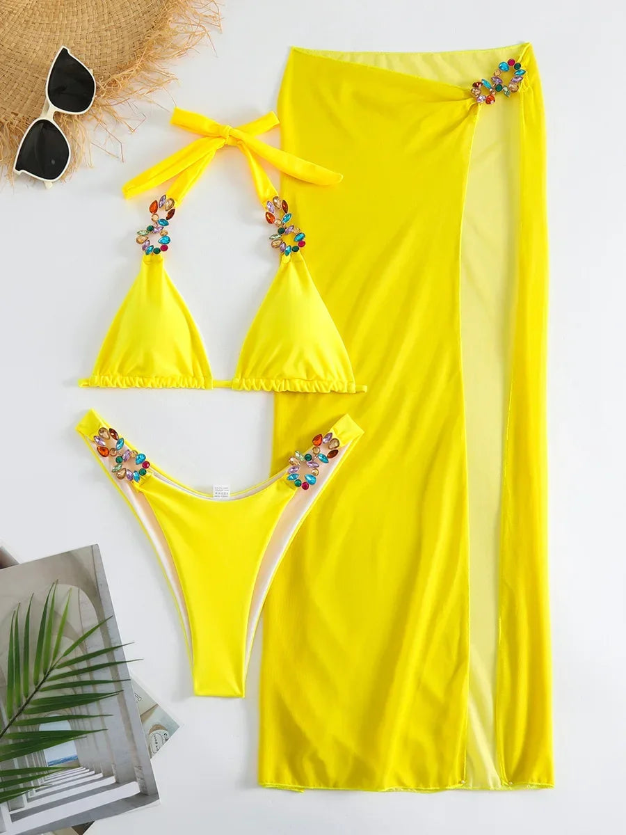 Mesh Skirt Halter Jewelled Diamond Bikini Female Swimsuit Women Swimwear Three-pieces Bikini Set Bathing Suit Swim Beachwear