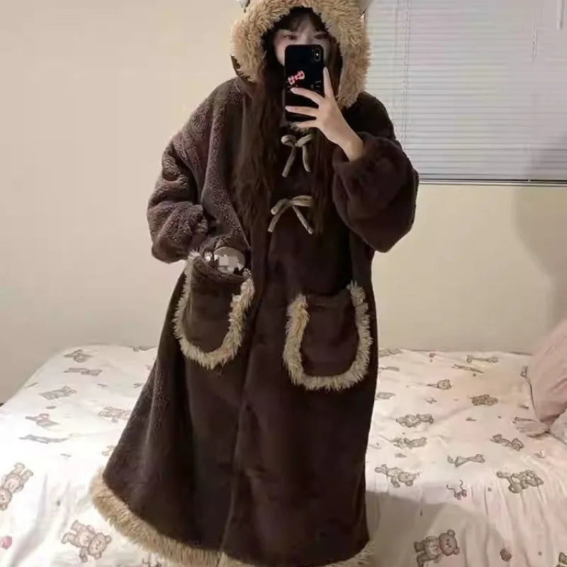 Cute Coral Velvet Hooded Pajamas Long Robes Women Winter Warm Soft Plush Thickened Night Gown Students Homewear Bath Robe 2025