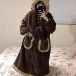 Cute Coral Velvet Hooded Pajamas Long Robes Women Winter Warm Soft Plush Thickened Night Gown Students Homewear Bath Robe 2025