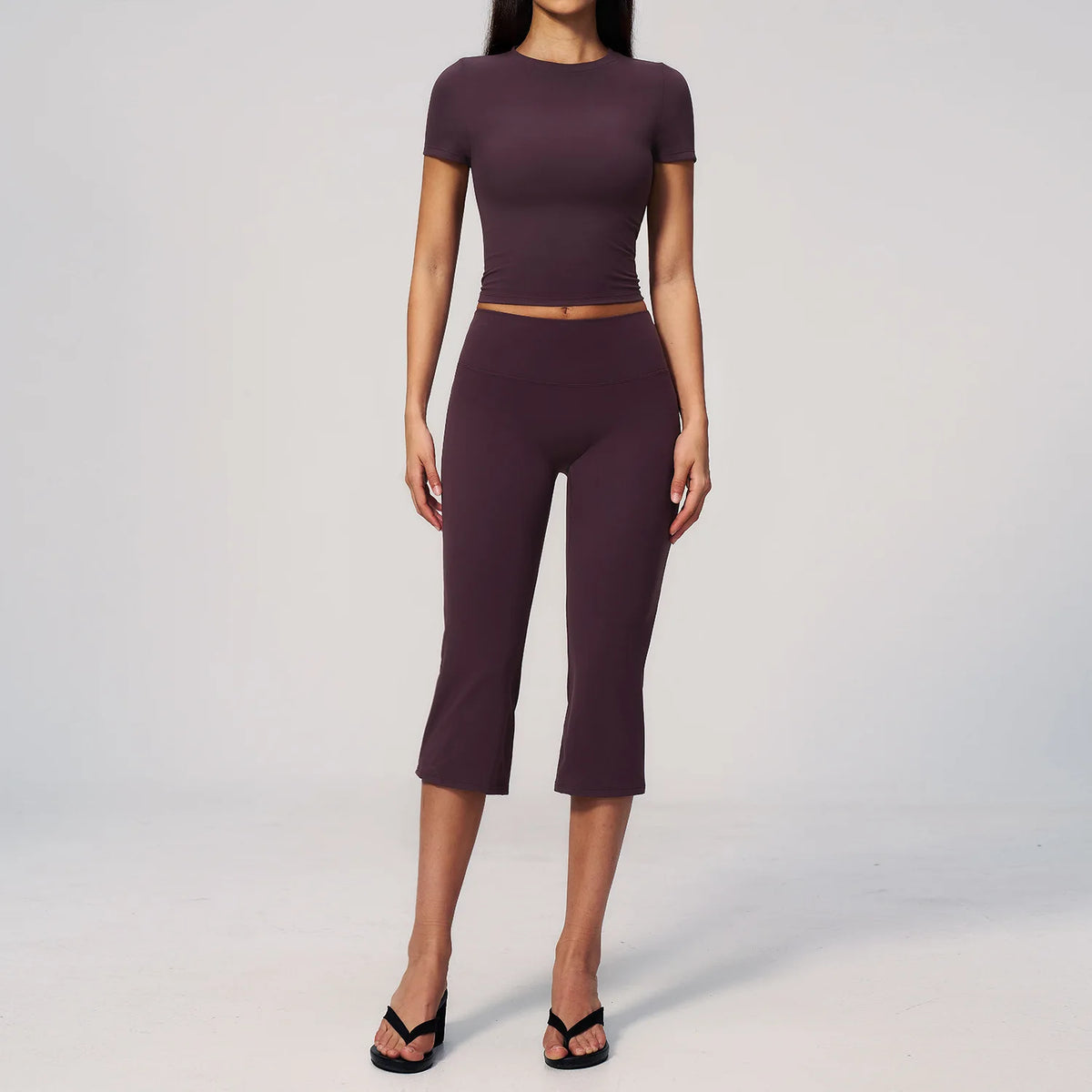 Yoga Set for Women High Waist Hip Lifting Tight Mid Pants Fitness Suit Short Sleeve O Neck Slimming Sports T Shirt Athletic Wear