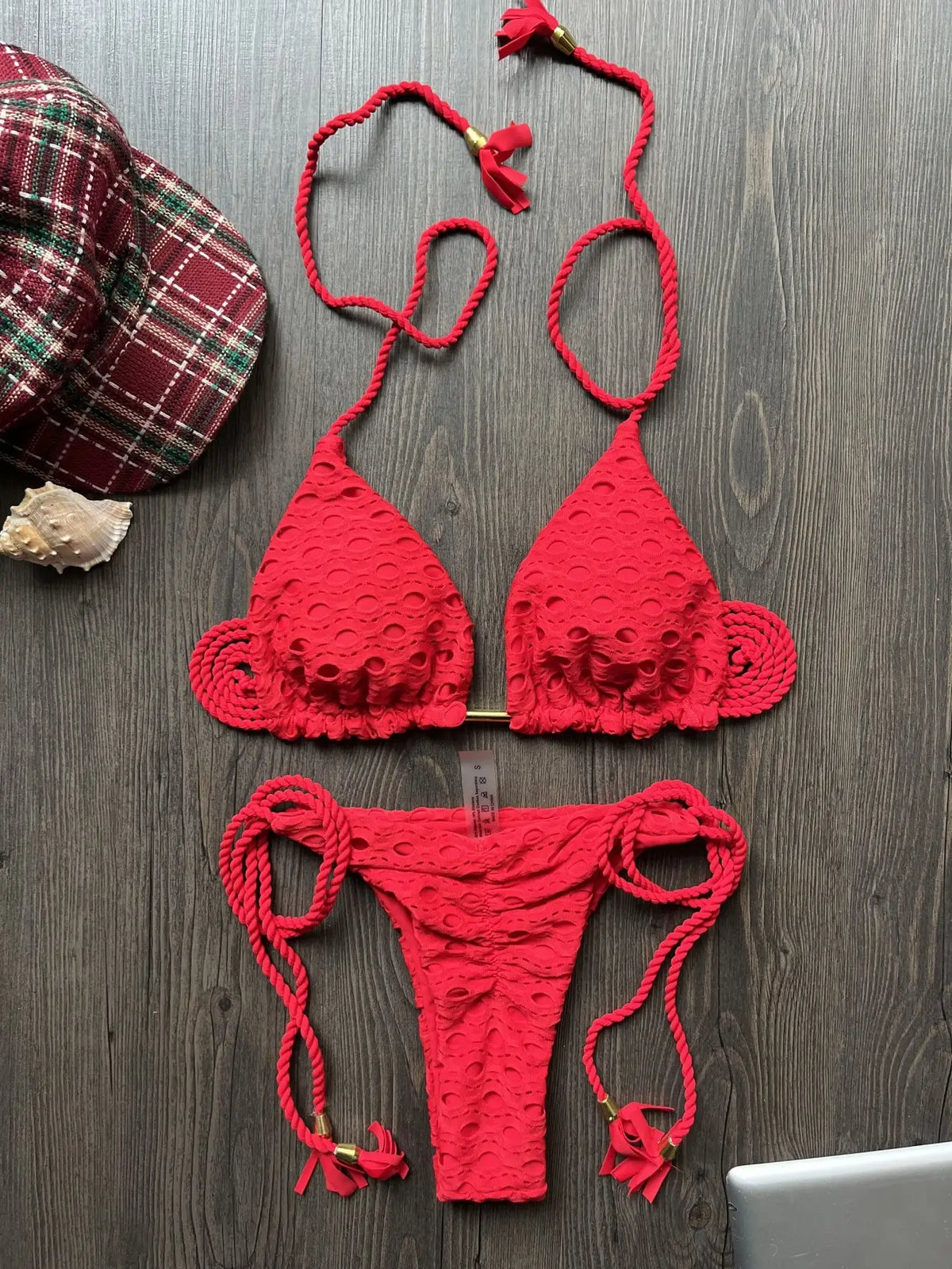 New Red Special Fabric Bikini Set Sexy Women's Hollow Fabric Split Swimsuit Summer Beach Bikini
