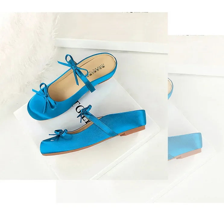 BIGTREE Satin Bow With One Strap With Shallow Mouth Half-Tugging Women's Hollow Inner Heightened Round-Head Sandals Comfortable