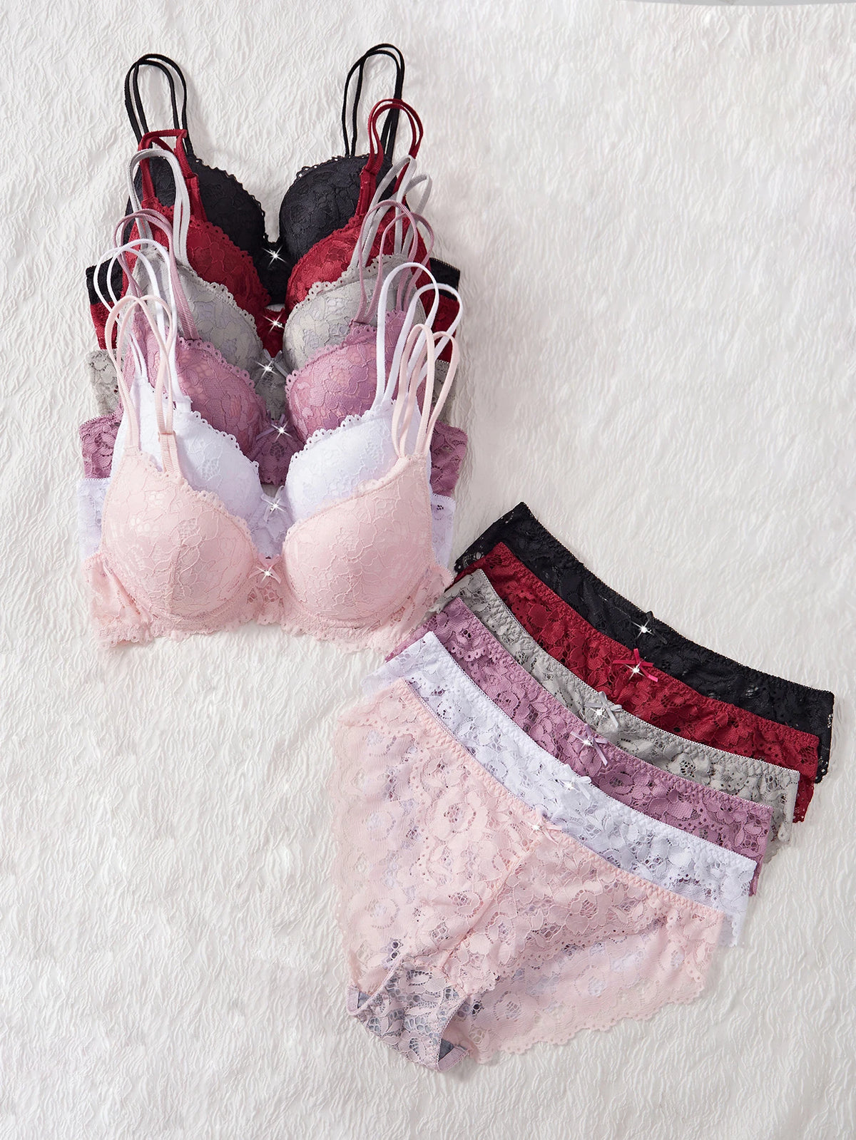 6-Piece Set Women's Bra and Panties Set Sexy Patterned Lace Patchwork No Lining Comfortable Fitting Women's Push-Up Bra Women's Underwear Set