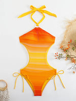 Sexy Orange Gradient Swimsuit Women Hollow Out Backless Lace One Piece Swimwear 2025 Beach Bathing Suit Drawstring Side Monokini