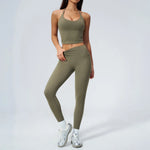 Women Tracksuit 2PCS Seamless Yoga Sets Hanging V Neck Slim Sports Tank Top Fitness Outfits Gym Running High Waist Leggings Suit