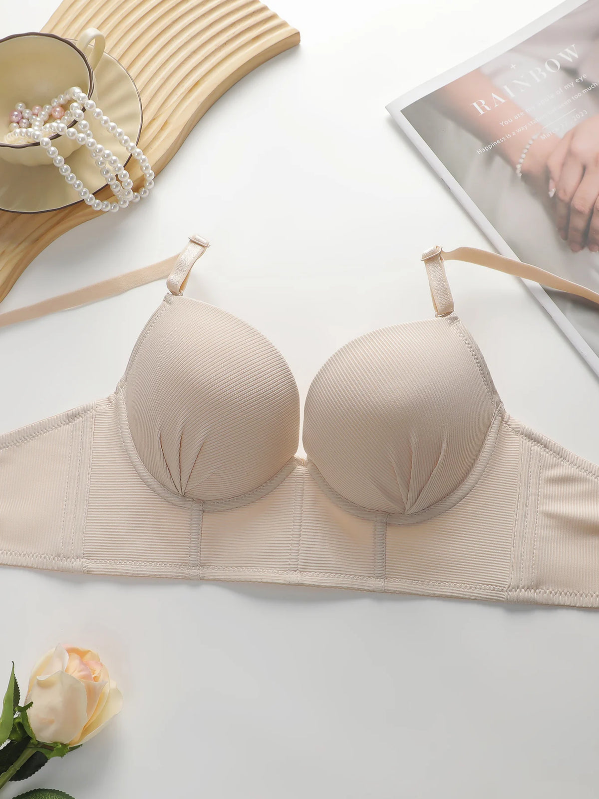 Women Ribbed Longline Push Up Bra Adjustable Thin Strap Side Support Anti Sag Brassiere Breathable Solid Daily Lingerie B6075