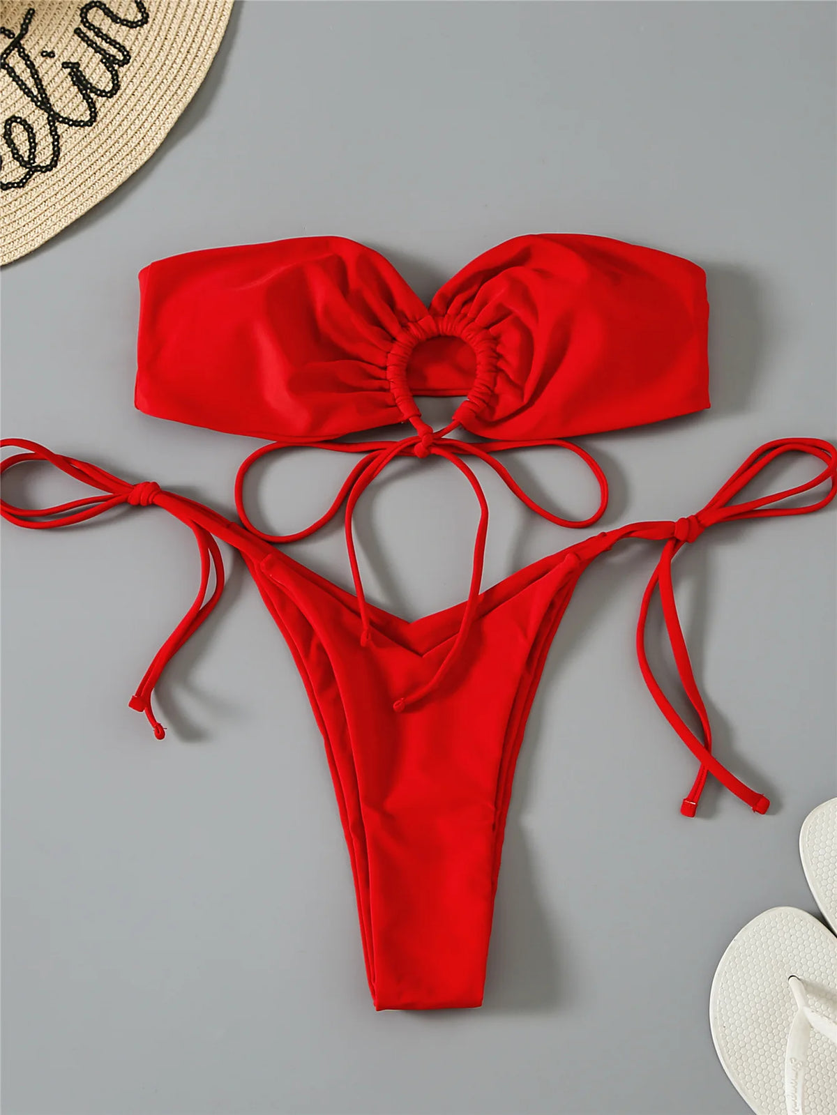 DEKA Women Brazilian Bandeau Bikini Set Pleated Thong Swimsuit Female Mini Strapless Swimwear Swimming Beachwear Bathing Suit