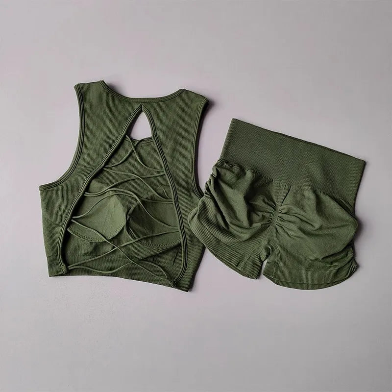 Women's Backless Cross Belt Sports Vest Yoga Exercise Fitness Suit Threaded Pleated Hip Lifting Shorts Set