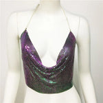 DEKA Bling Bikini Tops Deep V Neck Vest Backless Sequins Women Crop Top Night Club Diamonds Metal Tank Adjustable Halter Shiny