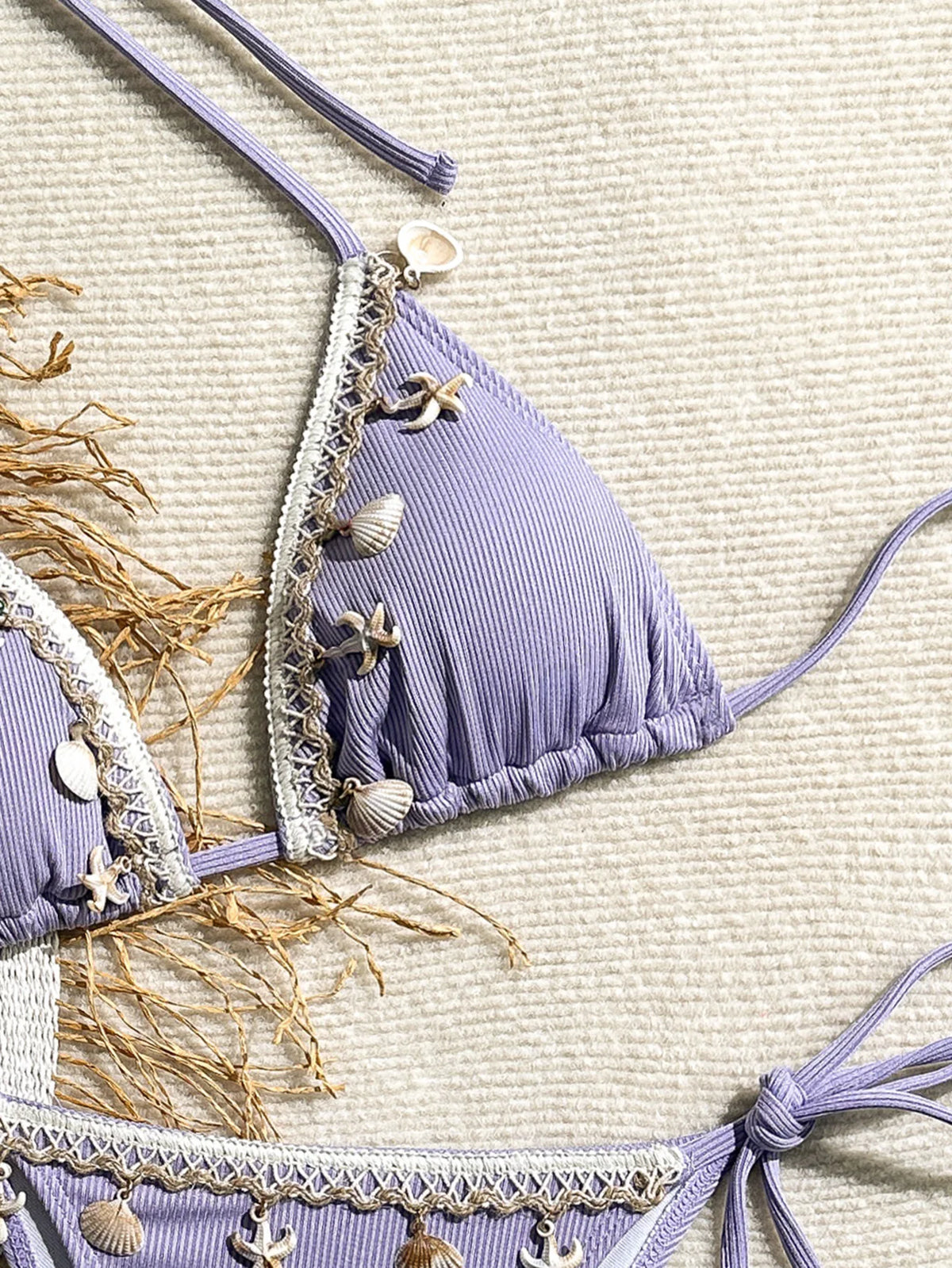 Shell Decoration Halter String Strappy Bikini Women Swimwear Female Swimsuit Two-pieces Bikini Set Ribbed Bathing Suit Swim Lady