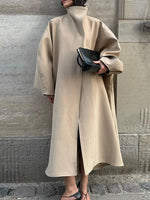 Women's Elegant Faux Suede Long Jacket Stand Collar Bat Sleeve Solid Overcoat Outwears 2025 Autumn Winter Female Streetwears