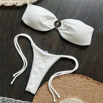 Solid White Texture Metal Ring Swimwear Bandeau Bikini Micro Mini Thong Sexy Swimsuit Women 2026 Bather Brazilian Bikinis Sets