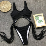 Tummy Cut Out Splicing Fringe Tassel Women Swimwear One Piece Swimsuit Female Monokini High Leg Cut Bathing Suit Swim Beach Wear
