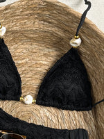 Sexy Beige Black Micro Bikini Set 2026 Women Pearls Strap Push Up Bra Pleate Thong Swimsuit Beach Bathing Suit Holiday Swimwear