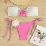 Sexy Bikini Set 2025 Bandeau 3D Flower White Black Contrast Push Up Micro Swimsuit Brazilian Cut Out Bathing Suit Thong Swimwear