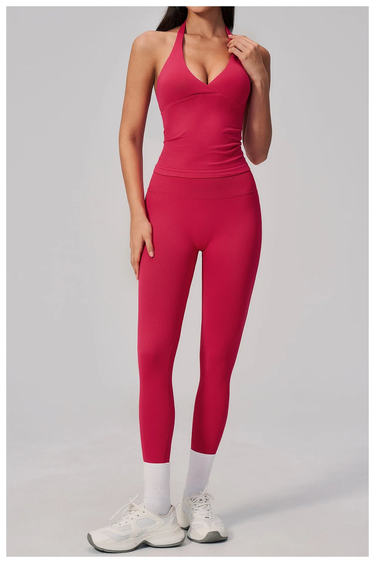 Summer Seamless Yoga Sets Women V Neck Slim Sports Tank Top Fitness Suit Peach Hip High Elasticity Leggings Running Tracksuit