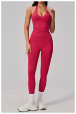 Summer Seamless Yoga Sets Women V Neck Slim Sports Tank Top Fitness Suit Peach Hip High Elasticity Leggings Running Tracksuit