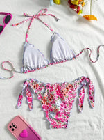 Women Cute Bikini Set 2025 New Summer Orange Floral Print Halter Ruffles Push Up Tie Side Thong Swimsuit Bathing Suit