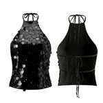 Women’s Backless Sequin Vest Summer Slim Fit Halter Tank Tops Summer Club Party Sexy Sleeveless Shirts Streetwear