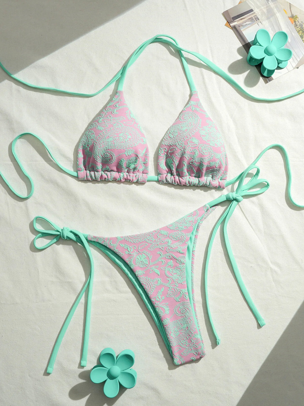 Sexy Pink Mesh Patchwork Bikinis Sets Women Push Up Bra Bandage Thong Swimsuit 2026 Summer Bathing Suit Holiday Micro Swimwear