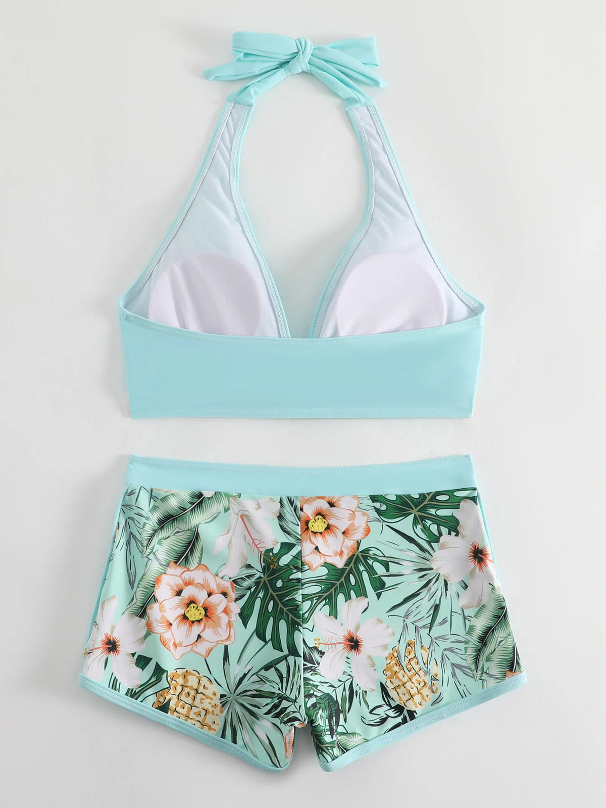 2026 Summer Women's Print Patchwork Swimsuit Sexy Deep V Neck Back Lace-up Swimwear High Waist Shorts Tankini Bathing Suit Beach