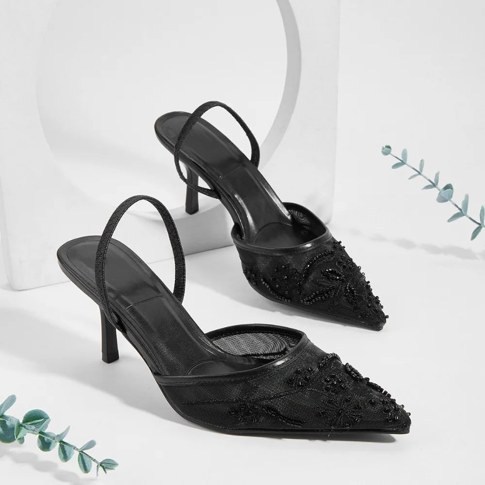 Brand Lace Designer White Women Wedding Pumps Mesh Embroidered Flowers Back Strap Sexy Slingback High Heels Dress Shoes Ladies