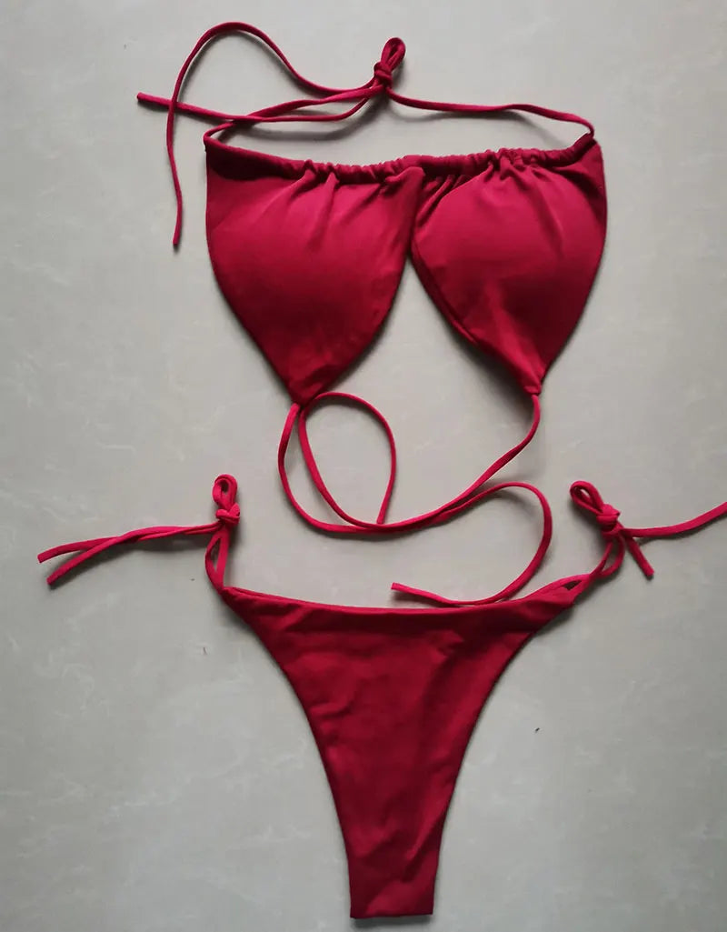 Summer Sexy Bikini set Push-up padded Bra Thong Split Swimwear Female Bandage Bathing Suit Adjustable Lacing Swimsuit Solid