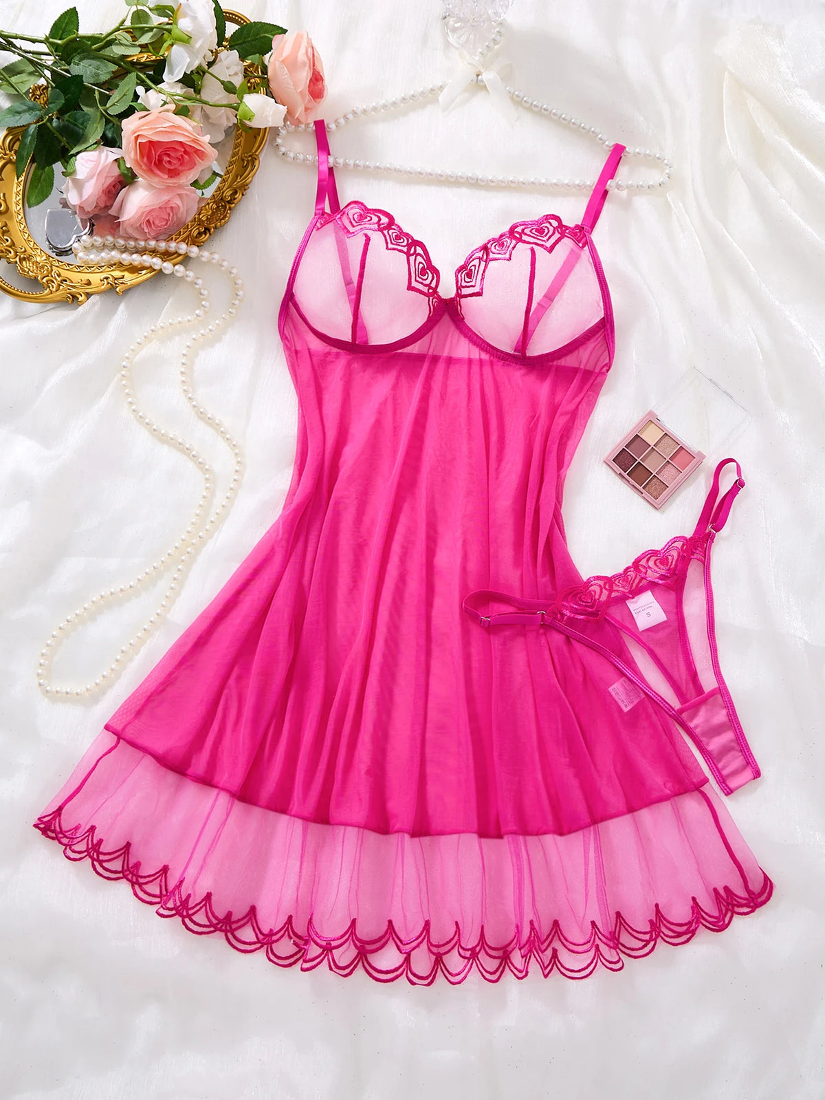 Sweetheart Limited Edition Pink Hearted Sleeping Dress Set-Lightweight sheer embroidered halter dress for sex home wear ZA825181