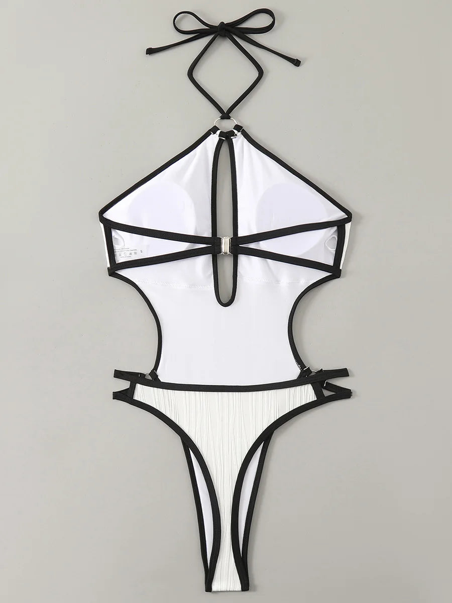 Hollow Out Wrinkled Halter One Piece Swimsuit Women Thong Swimwear Female Backless Monokini High Cut Leg Bathing Suit Beach Wear