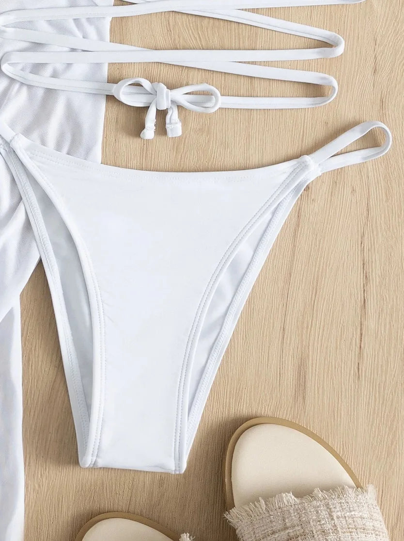 Sexy 4pcs Boho Tassels Trim Bikinis Sets Ladies Padded Bikini Set +cover Up Tops Skirts Beachwear Bathing Suit Biquini Monokini