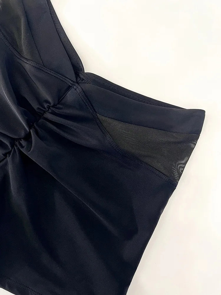 New Women Sexy Solid Ruched Bikini Bottom Mesh Sides High Waisted Two Piece Separate Elastic Flat Leg Swimming Shorts Sale