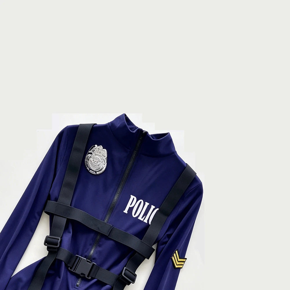 Women Police Cosplay Costumes Long Sleeve Zipper Romper with Harness Belt Halloween Role Play Outfit for Carnival Themed Events