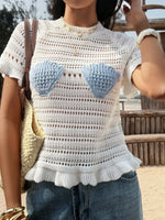 FDYOUI Casual O-neck Short Sleeve Knitted T-shirts Women Summer Sexy Hollow Out Ruched White Tops Female Beach Holiday Tee Shirt