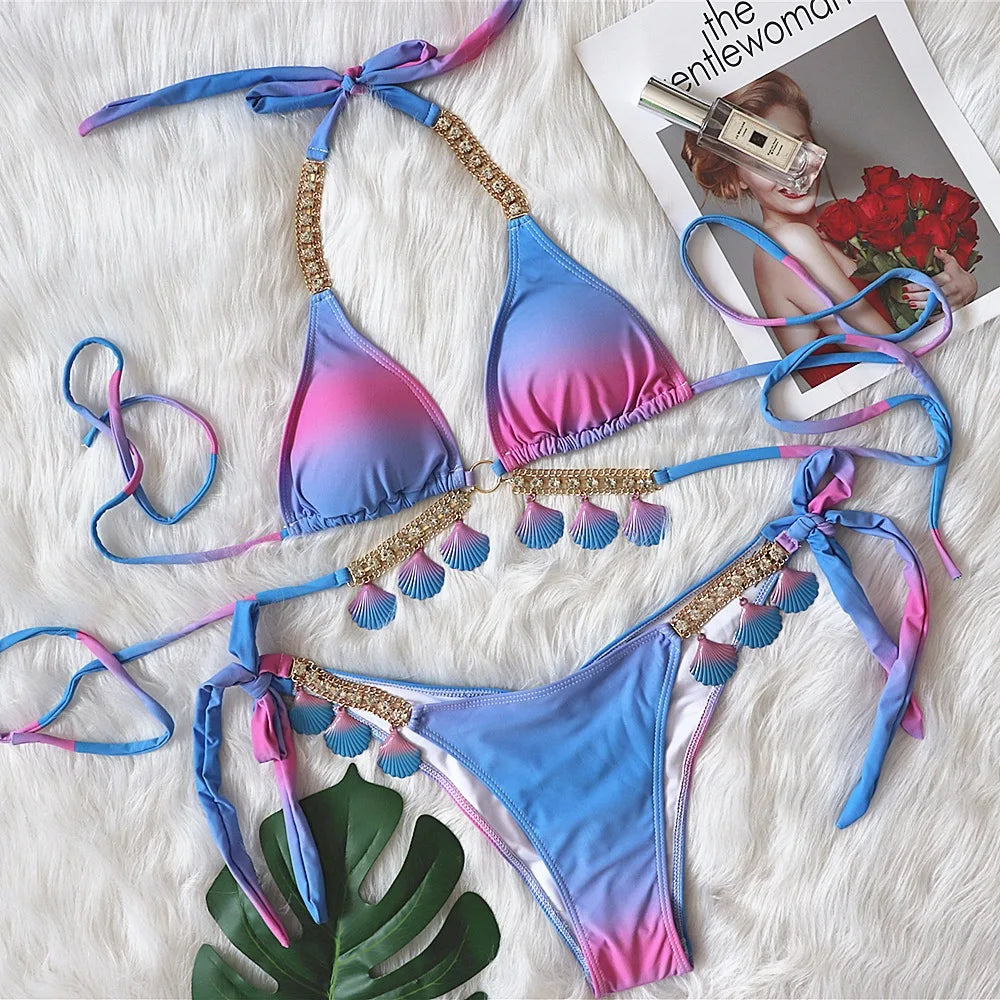 DEKA Shell Bikinis Swimsuit with Rhinestones Criss Cross Bikini Set Women Pink Push Up Bathing Suit Diamond Thong Swimwear