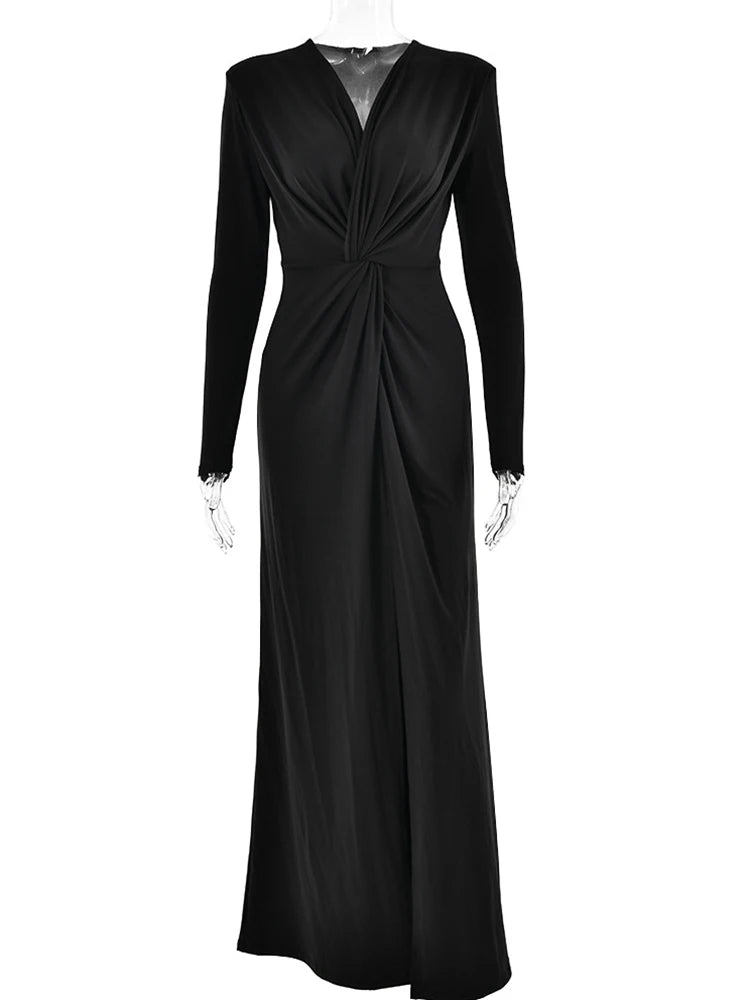 Ahagaga Fashion Sexy Elegant Maxi Dresses Streetwear V-neck Casual Solid High Split Long Sleeve Slim Sheath Party Women Vestidos
