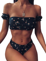 2026 Floral Off Shoulder Bikini Female Swimsuit Women Swimwear Two-Pieces Bikini Set Mid Waist Bather Bathing Suit Swim V1671