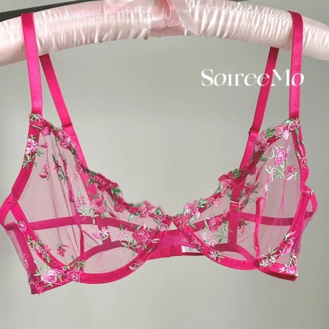 French Floral Lace Bra Set Push Up Underwire Large Bust Sheer Mesh See Through Sexy Bra Embroidery Demi Cup Lingerie Set MOYISU