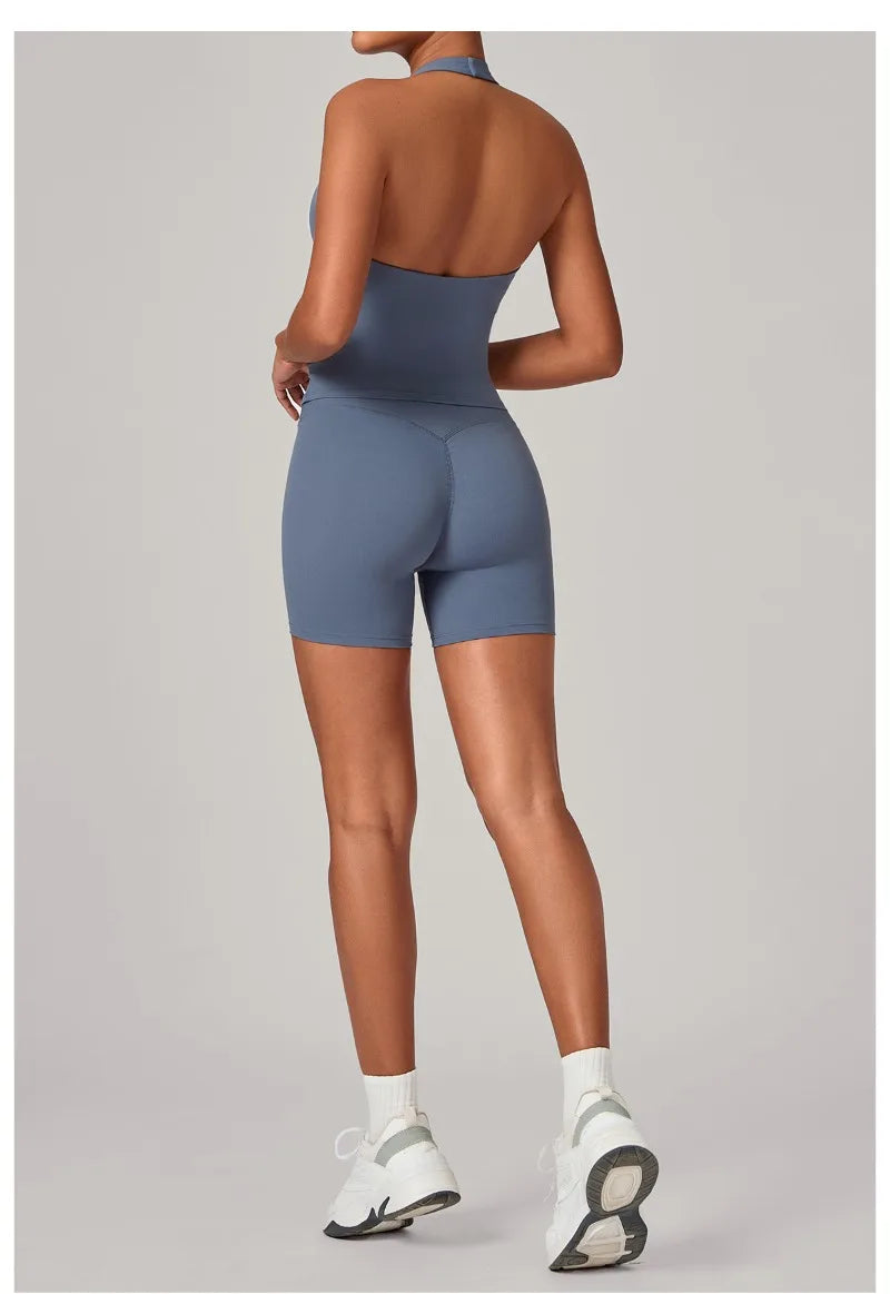 Women's Seamless Yoga Fitness Sets Sports Halter Neck Backless Vest Hip-lifting Slim Fit Shorts Suits Running Workout Gym Sets