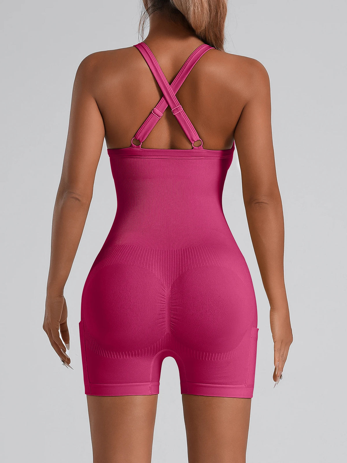 Adjustable Crisscross Back Fitness One Piece Jumpsuit Side Phone Pocket Tummy Control Athletic Yoga Bodysuit